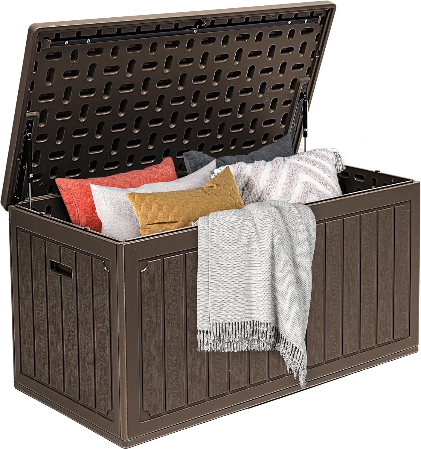 DWVO 90 Gallon Double-Wall Deck Box, Large Resin Outdoor Storage Box, Lockable & Waterproof, Double as Seating, 450lbs Capacity (Brown)