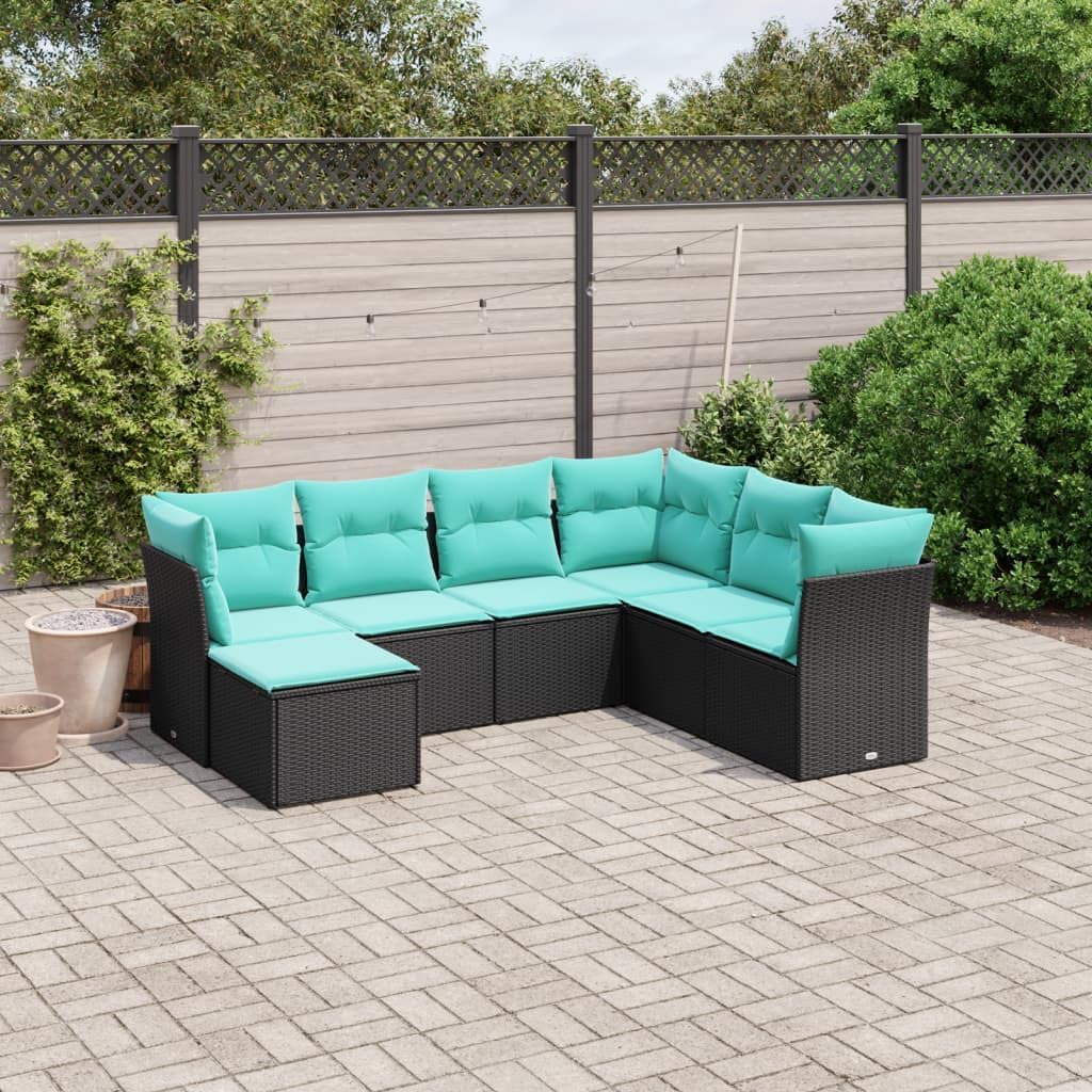 Garden Sofa Set Black Poly Rattan, Powder-Coated Steel 7-Piece, Modular Outdoor Patio Furniture for Balcony, Weatherproof Seating