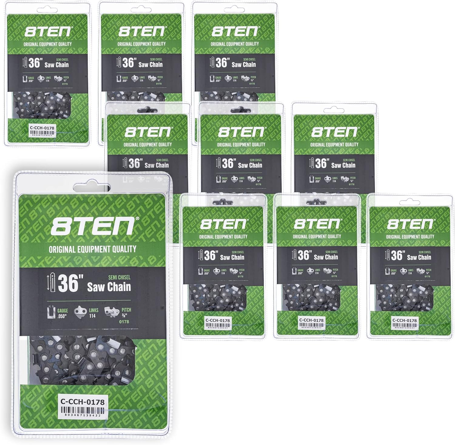 8TEN Semi Chisel Chainsaw Chain 36 Inch .050 3/8 114DL for Stihl MS 390 440 660 (10 Pack)