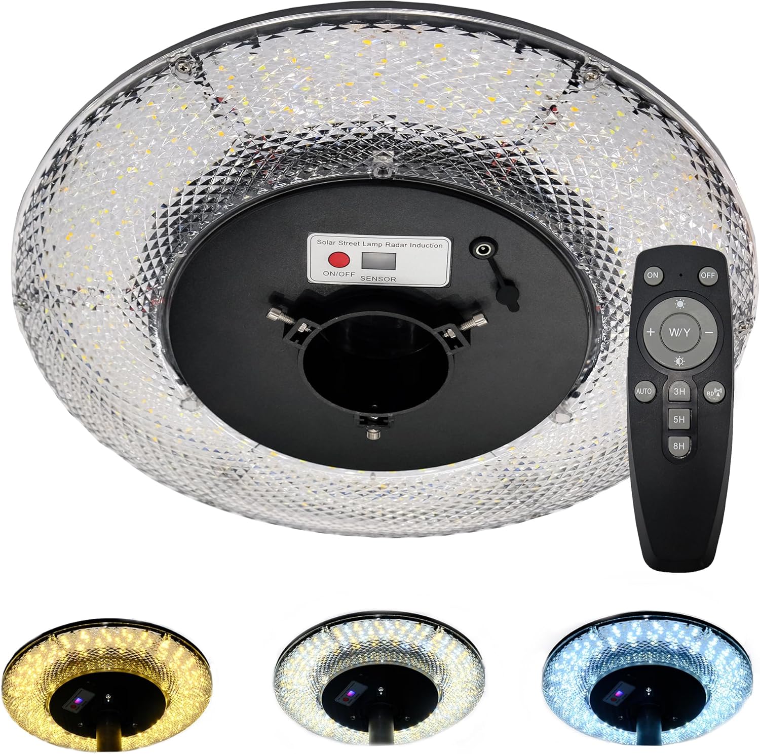 Solar Repair-Replacement Outdoor Post Light Head with 3 Color Switching, DC Charging Port Remote Control IP65 Solar Motion Sensor Street Light Head, Dusk to Dawn,Use for Courtyards, Farms