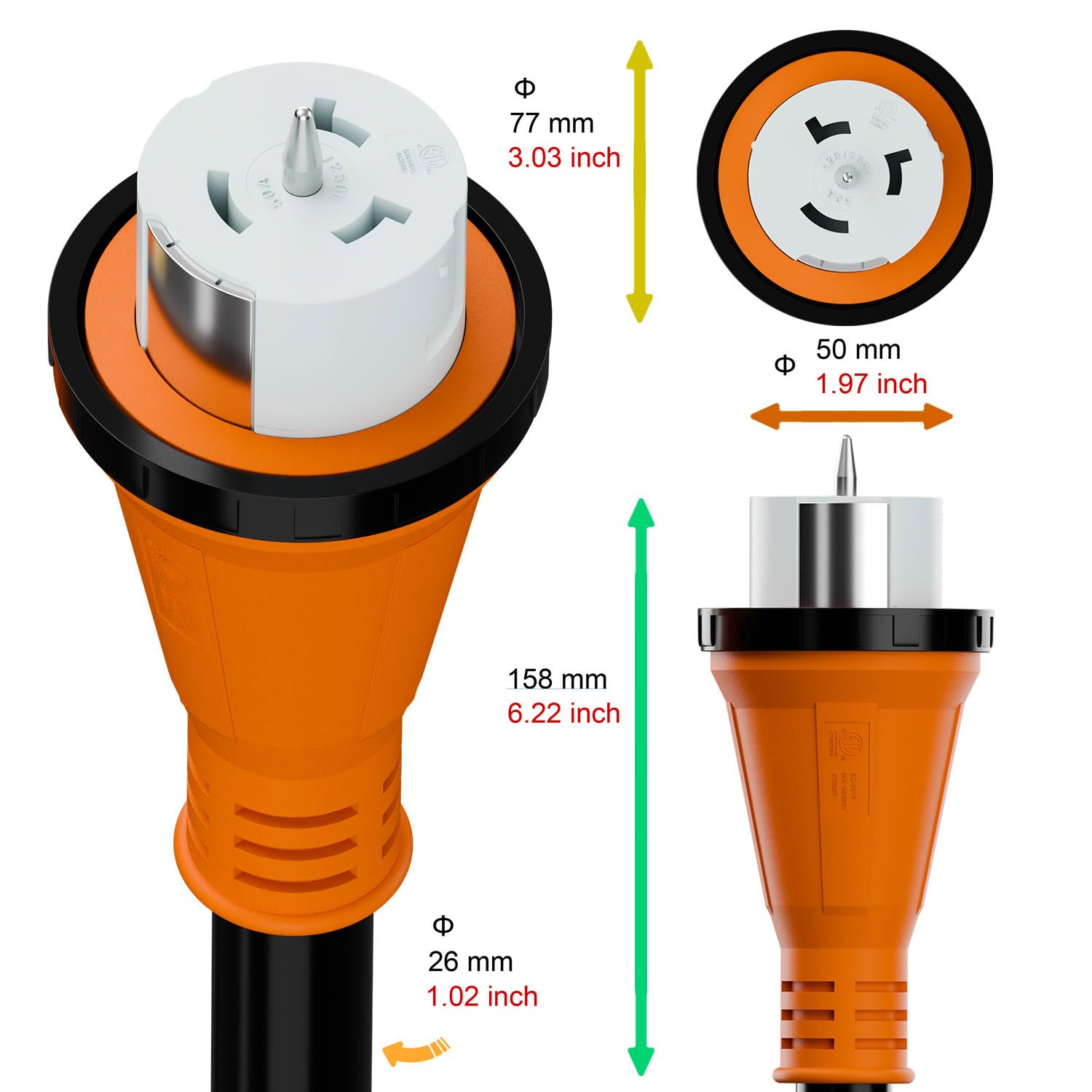 Nema SS 2-50P Waterproof RV 50Amp Power Inlet Box and SS 2-50P Extension Cable 15FT AC0069