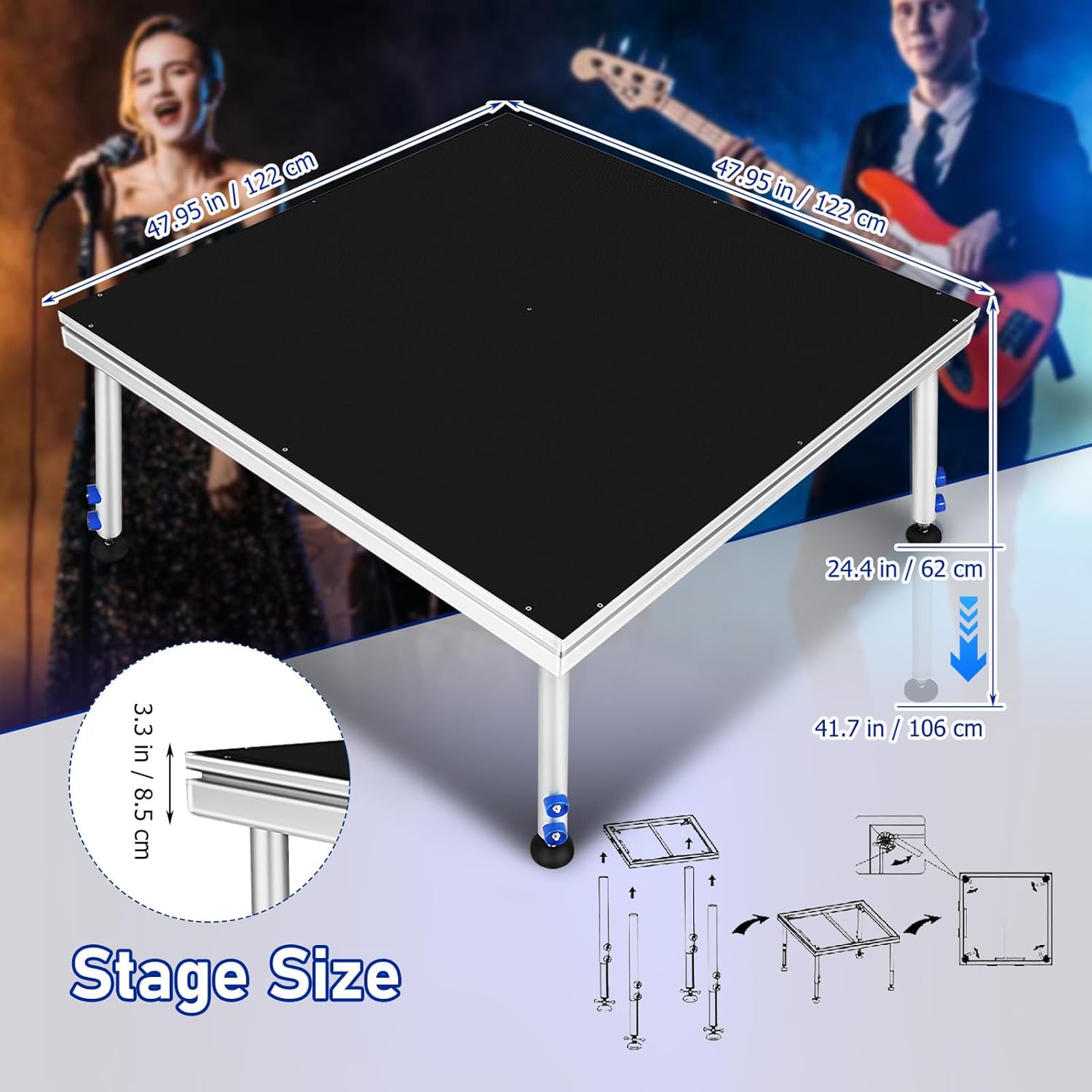 8‘ x 12’ Stage Platform, 6Pcs 10200LBS Capacity Stage with Antislip Surface, Adjustable Height (24