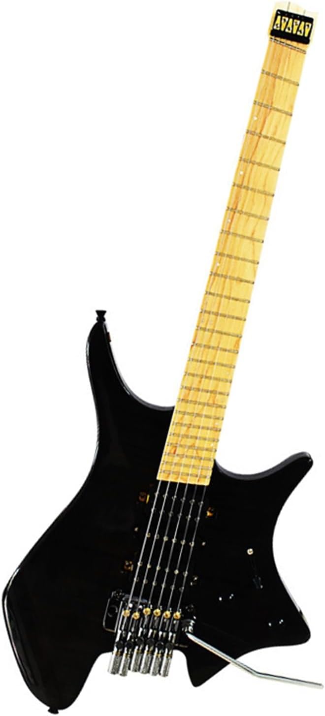 VENEKA Headless Electric Guitar Black 6-String Headless Electric Guitar Ash Wood Body Maple Neck and Fretboard with Tremolo