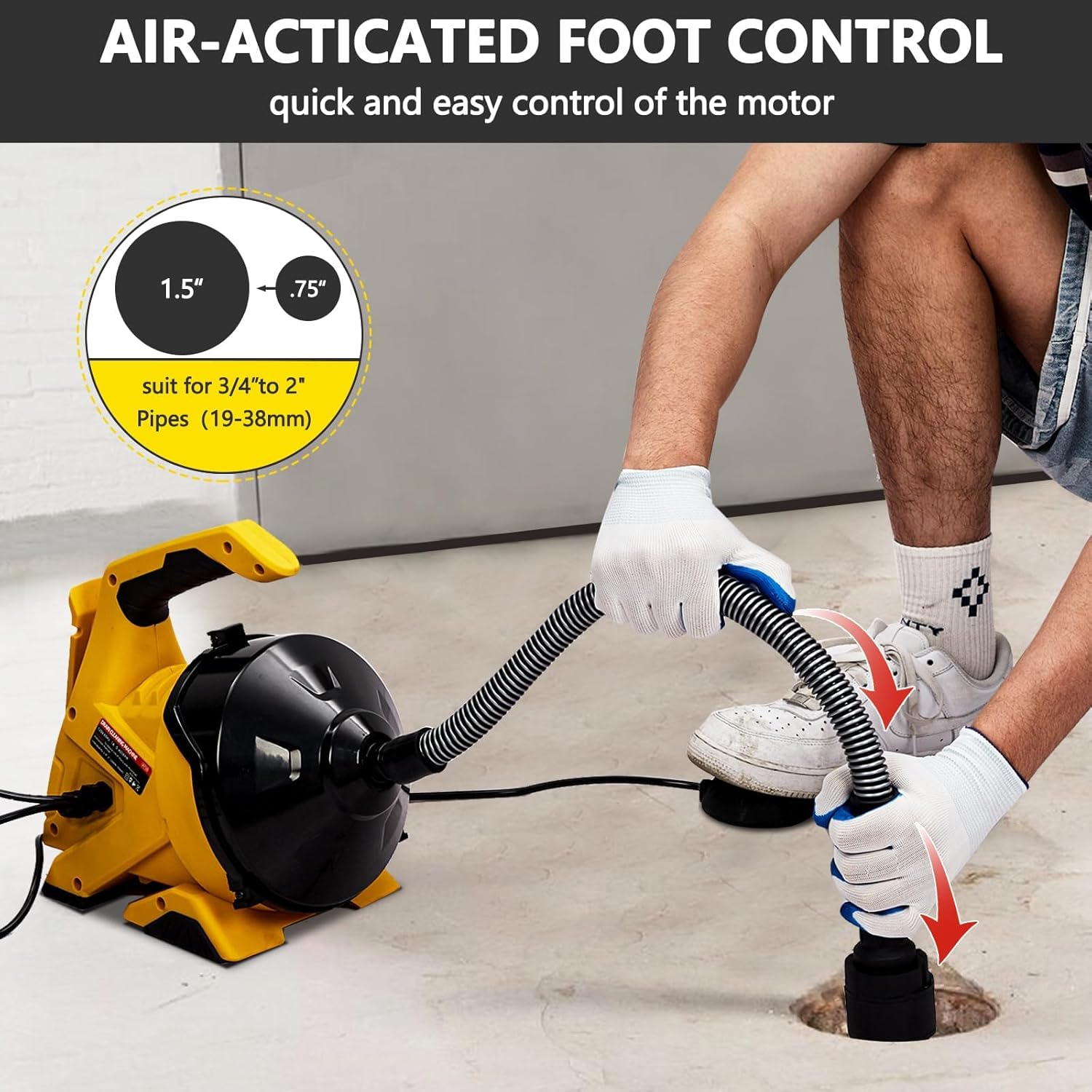 Drain Cleaner Machine 30Ft, Auto-feed Electric Drain Auger for 3/4In - 2In Pipes, Cable in Piano Wire with Foot Switch, Sewer Snake for Sinks, Toilets, and Floor Drains