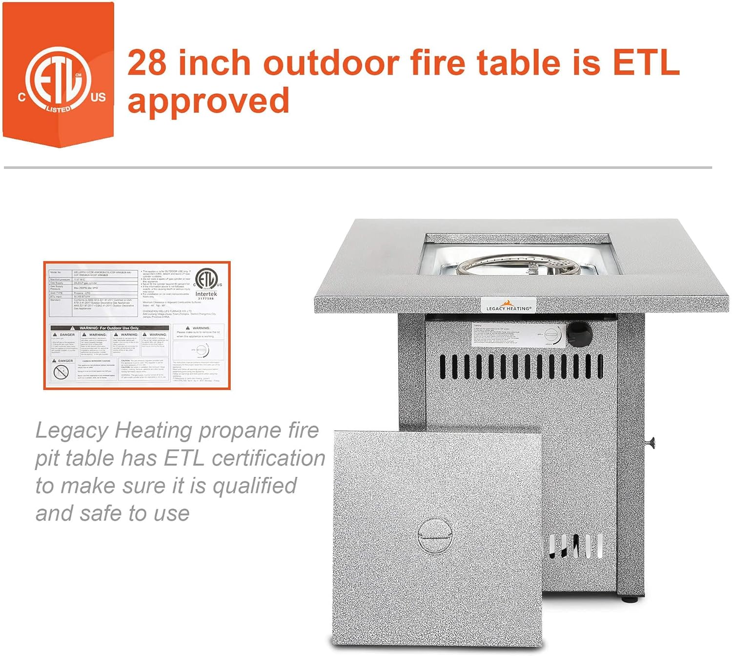 28 Inches 50,000 Btu Outdoor Propane Fire Pit Table with Lid Lava Rocks – 2-in-1 Silver Patio Heater Dining Table for Courtyard, Balcony, Deck