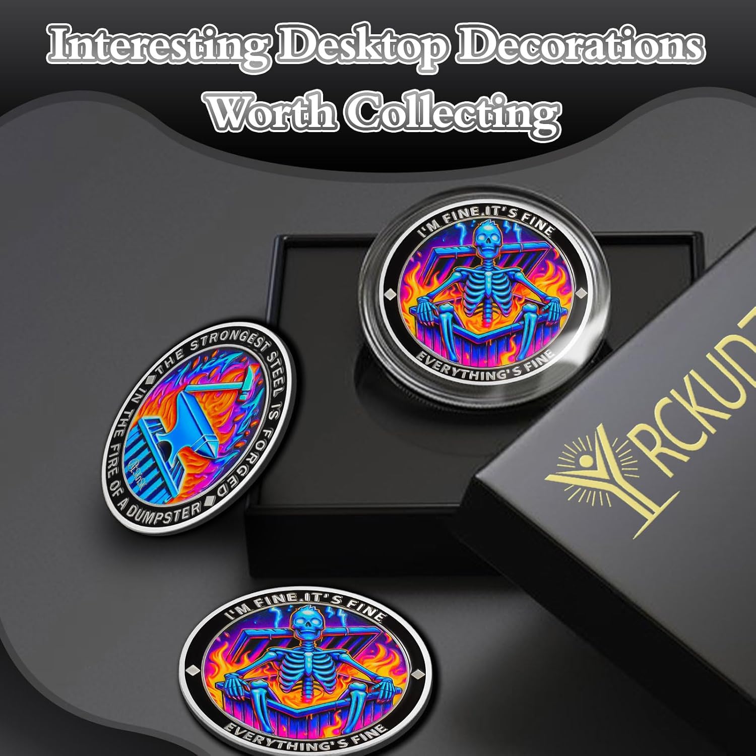 10Pcs Purple Flame Skeleton Dumpster Fire Coin, I'm FINE Dumpster Fire Challenge Coin - Funny Office Desk Accessories - Novelty Coins Pocket Token - Inspirational Office Gifts for Men Women