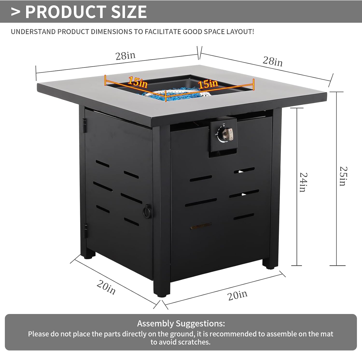 Propane Fire Pit 28 Inch Outdoor Fire Pit 50000 BTU Square Gas Fire Table with Steel Lid Blue Crystal Beads and Waterproof Cover for Outside Patio and Garden