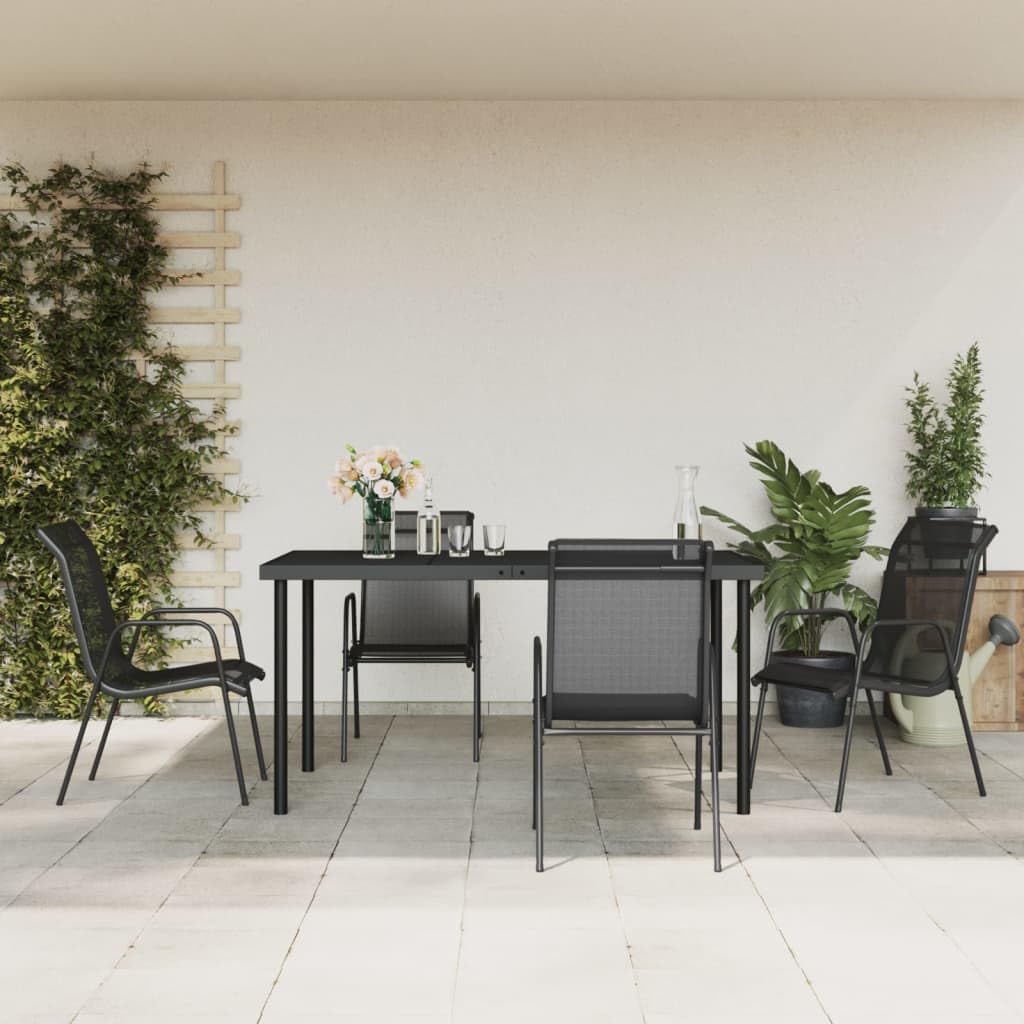 5 Piece Patio Dining Set Black Steel and Textilene Garden Furniture