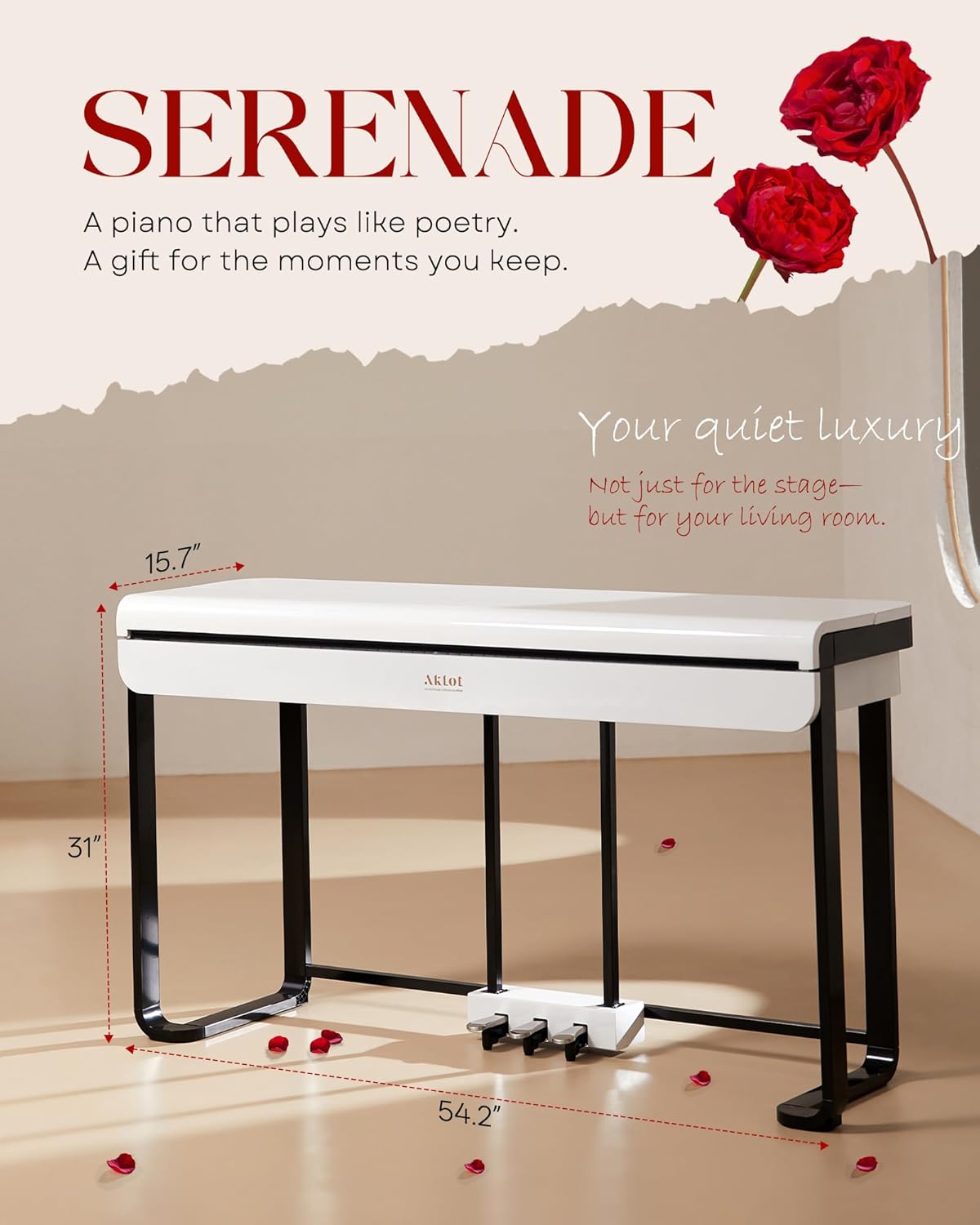 AKLOT Modern Weighted Keyboard Piano: 88-Key Graded Hammer Action Digital Piano, ​Silent Soft-Fall Cover, Triple Pedal, MIDI, Headphone, Beginner Lesson Book, High-Gloss Pearl White Finish (AUR-LS03)