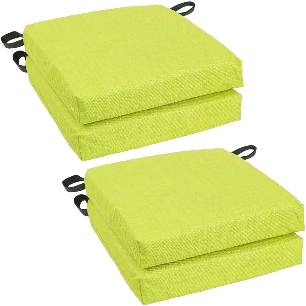 Reversible Patio Chair Cushions Set of 4 with Square Box-Edged Zipper-Closed Design Attached Hook/Loop Ties | Solid Lime Green Color Indoor Outdoor All Weather Fade Water Proof 16