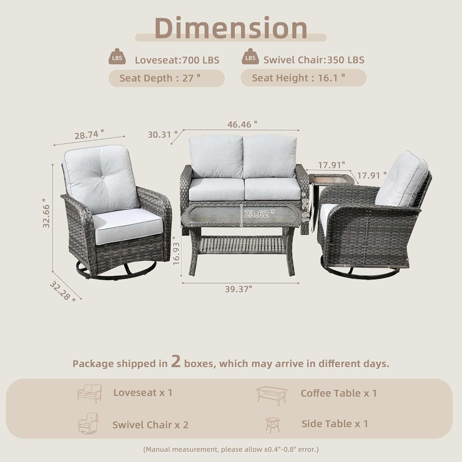 5 Pieces Patio Furniture Set,Outdoor Furniture with Rockers, Rattan Conversation Sets w/Coffee Table, Grey Wicker Light Grey Cushion