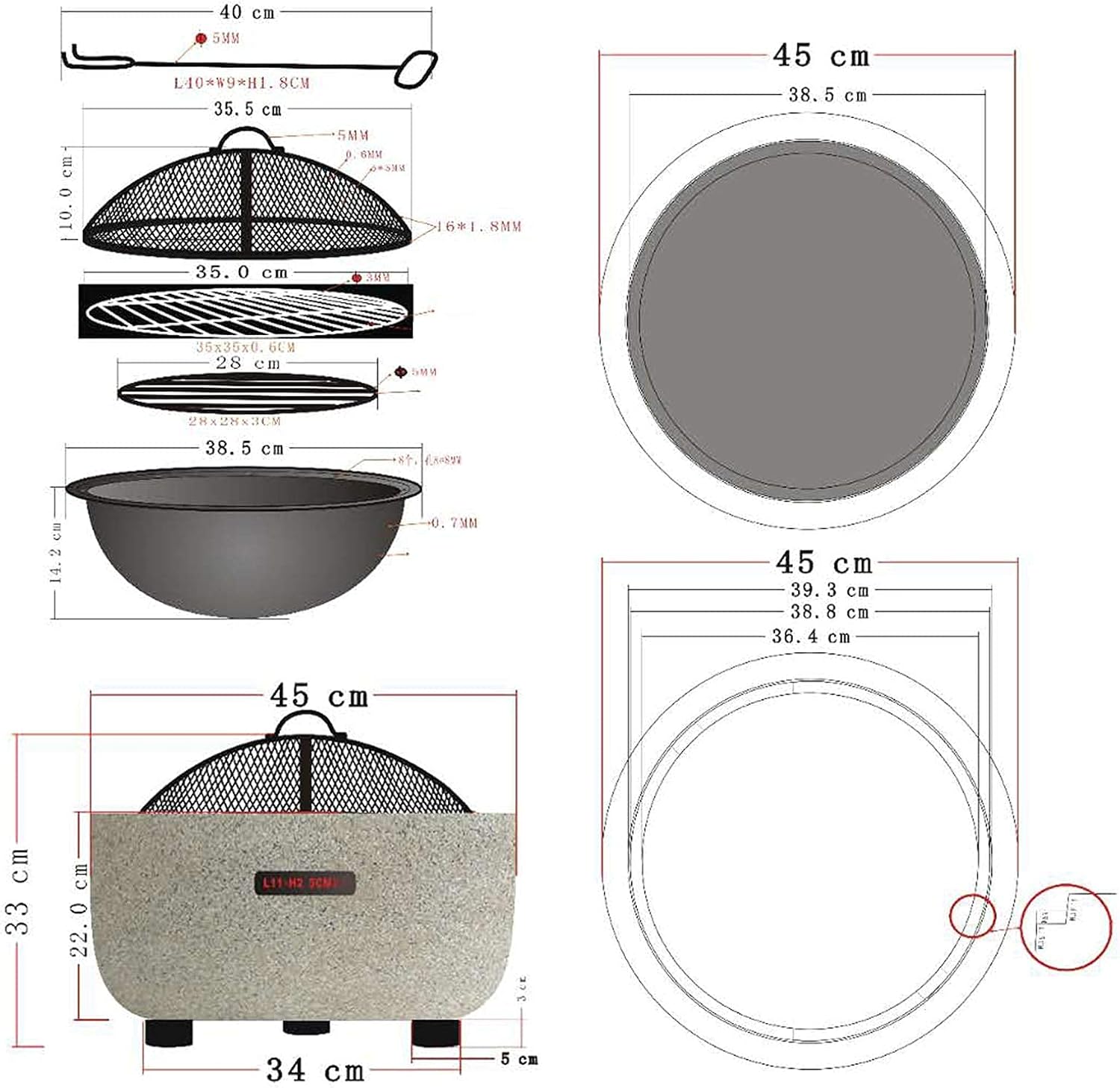 Garden Fire Pit Outdoor Party BBQ Fire Pit Barbecue Grill,Fire Bowl,Grill Camping Bowl BBQ with Grill, Mesh Lid, Grate with Mesh Cover