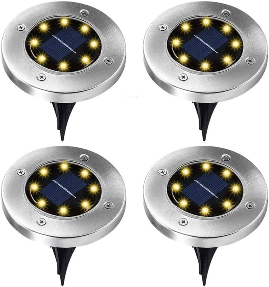 Solar Ground Lights, 4 Pack Solar Outdoor Lights ，Stainless Steel Solar Ground Lights， 8 LED Solar Powered Disk Lights for Landscape，Walkway，Lawn ，Steps Decks Decor