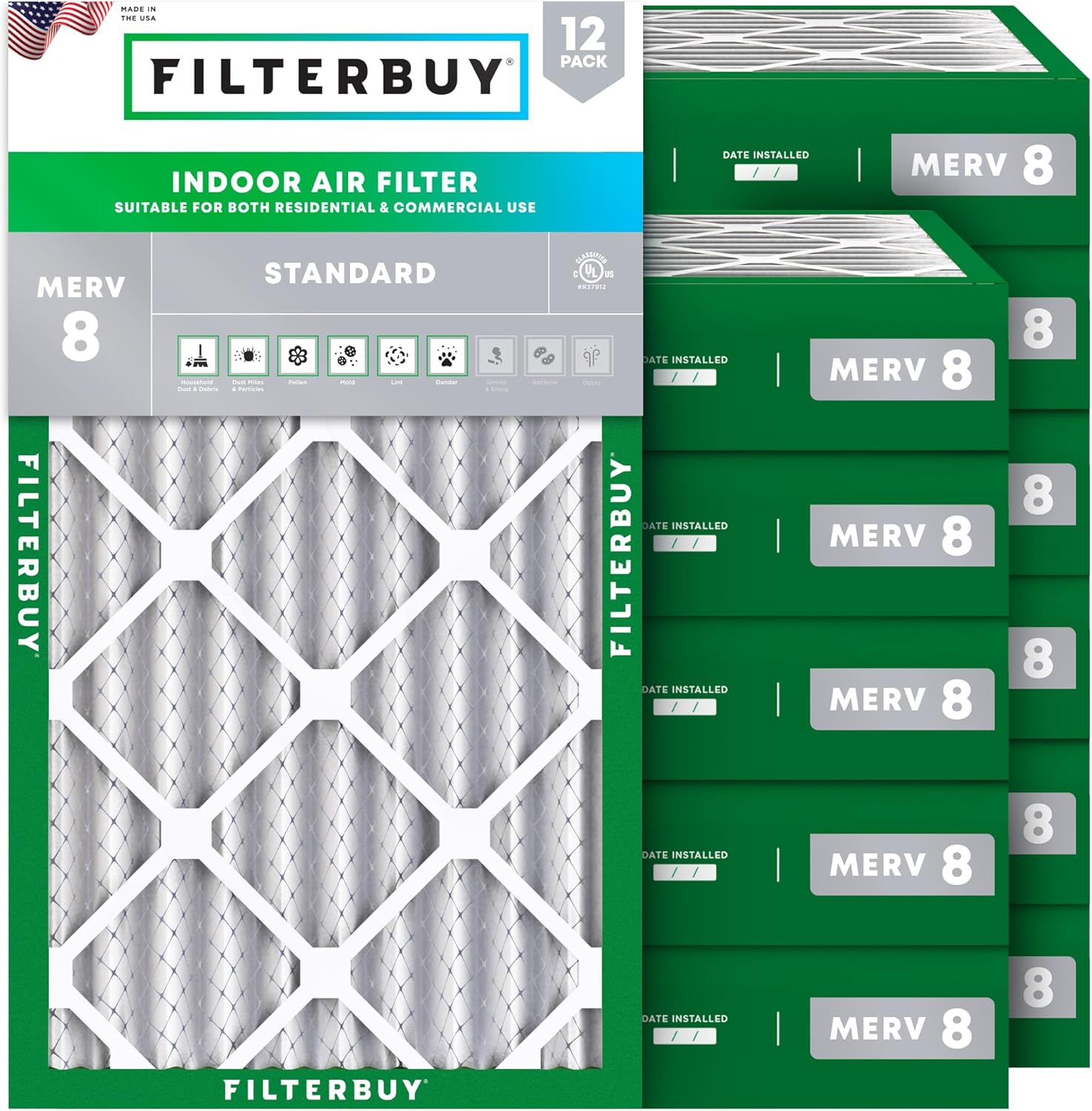 Filterbuy 15.5x24.5x4 Air Filter MERV 8 Essential Dust & Allergy Defense (12-Pack), Electrostatic Pleated HVAC AC Furnace Filters Replacement, Made in USA (Actual Size: 15.50 x 24.50 x 3.63)