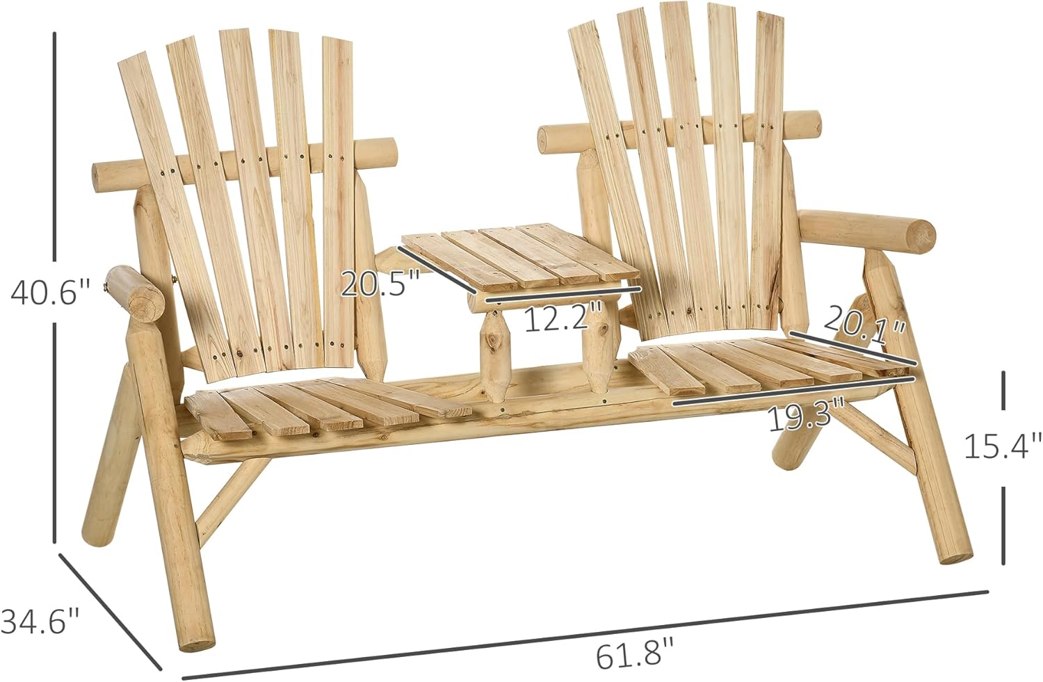 2-Seat Wooden Adirondack Chair, Patio Bench with Table, Outdoor Loveseat Fire Pit Chair for Porch, Backyard, Deck, Natural