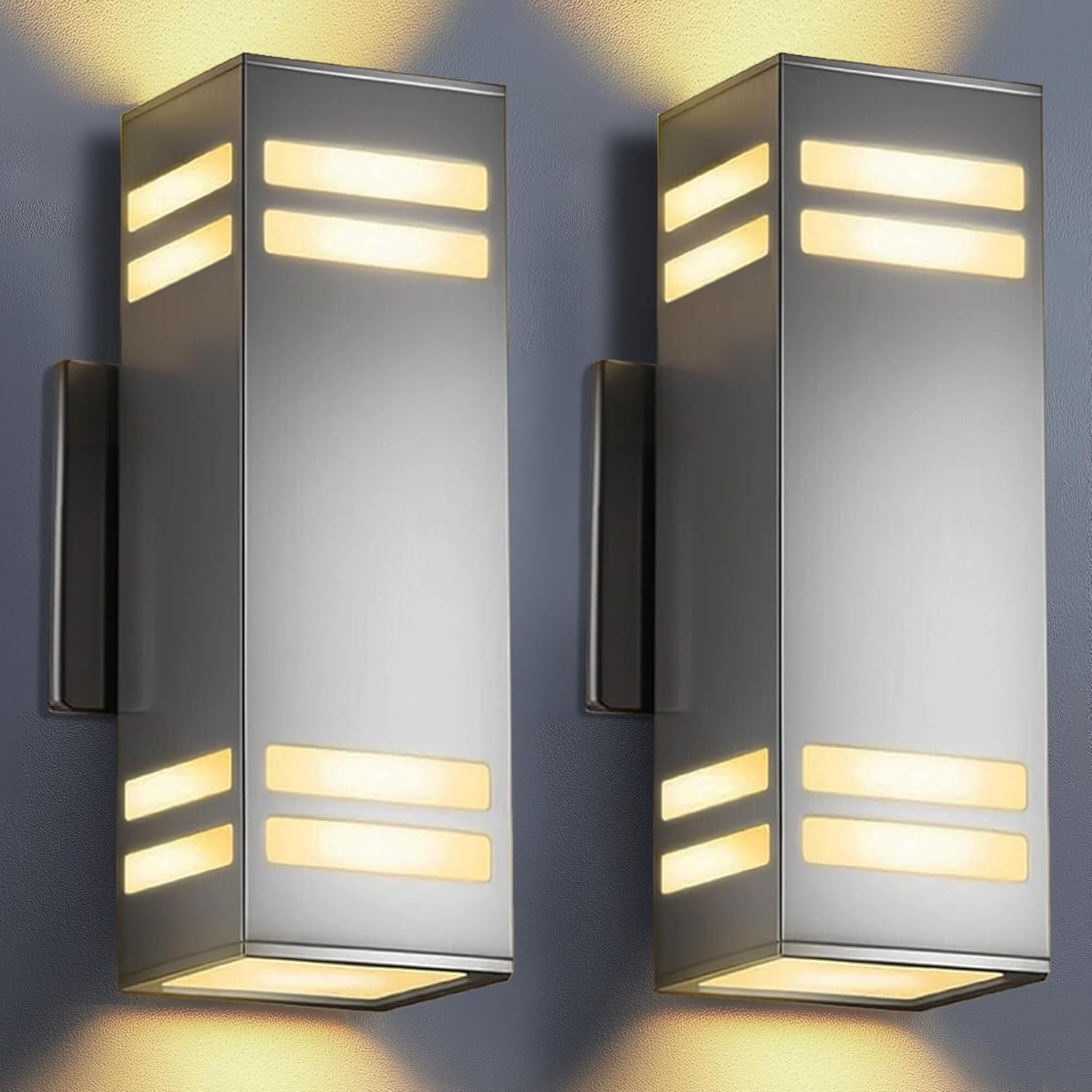 KIZON Modern Dusk to Dawn Outdoor Lighting 2 Pack, Stainless Steel Up and Down Sconce with E26 Base, Includes 3000K Bulbs, Waterproof Exterior Lighting Fixtures, Outdoor Lights for House Porch Garage