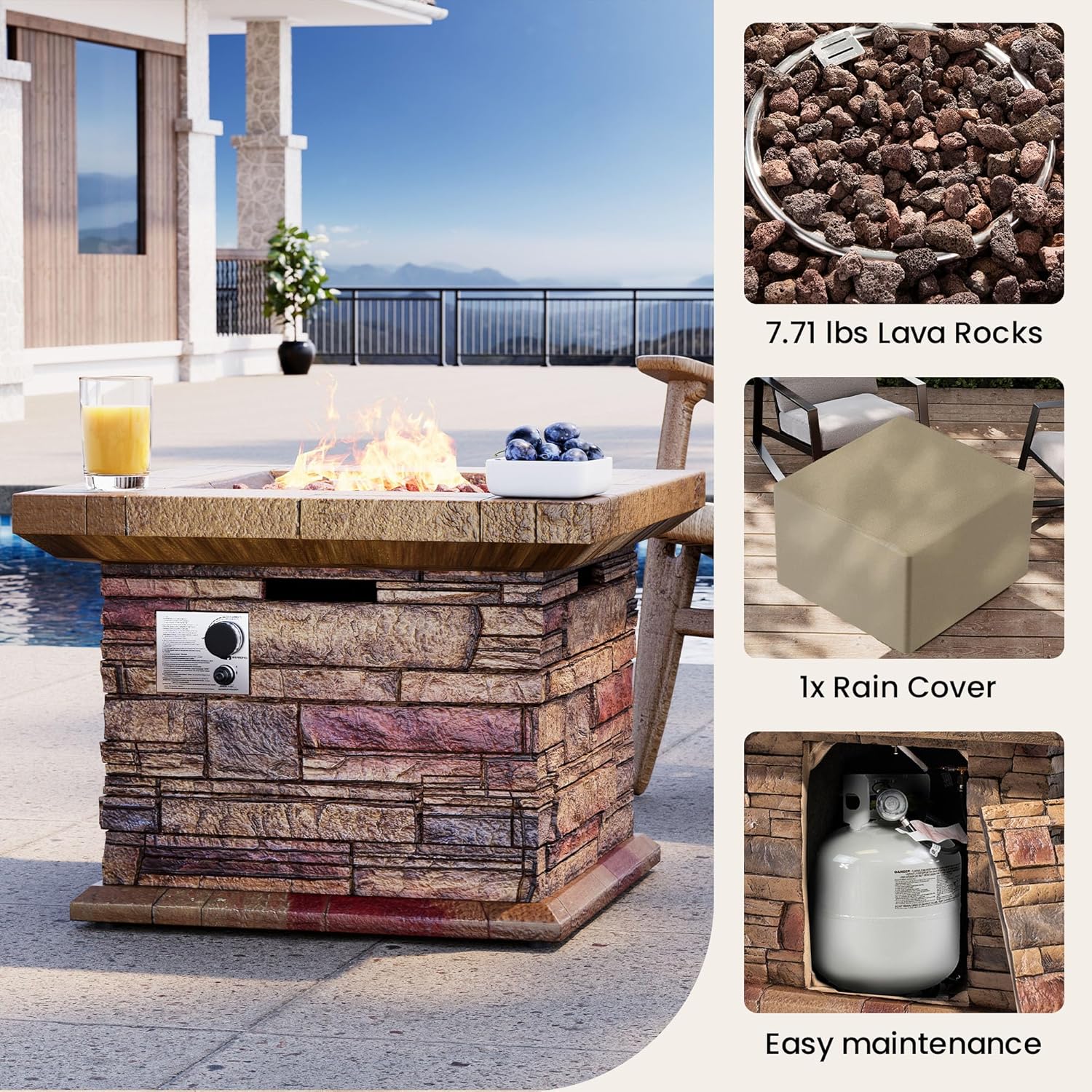 SUNBURY Outdoor Propane Fire Pit, Square Stonecrest Gas Firepit for Outside Patio, Concrete Propane Fire Table 50,000 BTU Gas Fire Pits w Lava Rocks, Waterproof Cover, CSA Certified