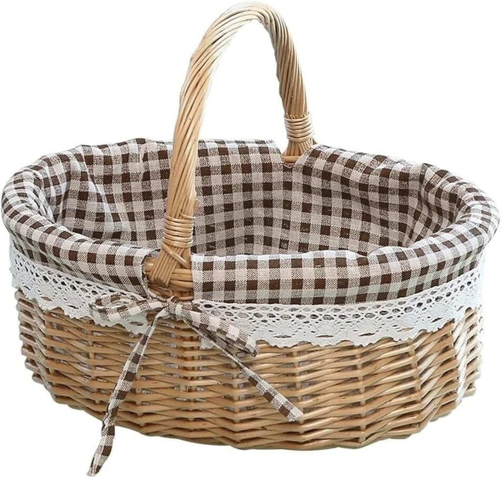 Woven Rattan Picnic Basket with Cloth Lining, Portable Vegetable Fruit Storage Basket, Picnic Hamper for Outdoor Camping