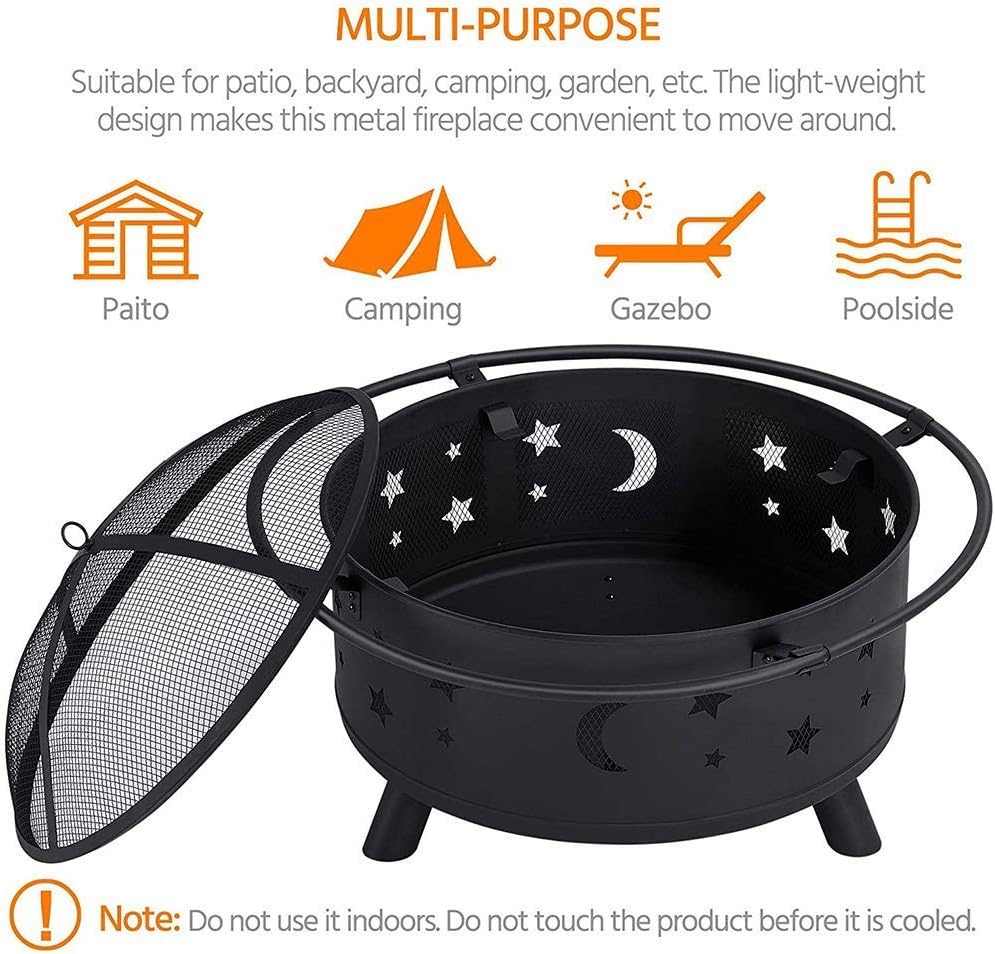 Garden Fire Pit Grill Bowl Grill Barbecue Rack Round Outdoor Fire Pit, Wood Burning Patio & Backyard Firepit with Mesh Spark Screen and Fireplace Poker, for Camping Picnic Outdoor Fire Pits