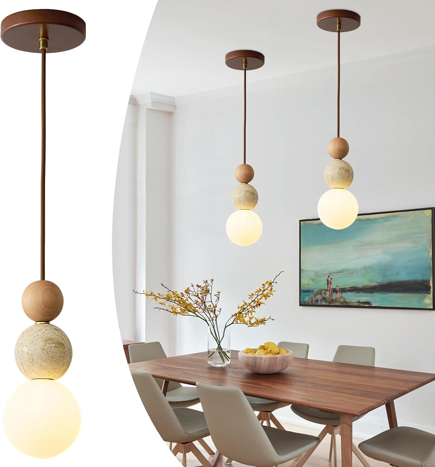 Travertine Pendant Light Kitchen Island,Wabi Sabi Chandelier Natural Stone Light Fixture with Nordic & Japanese Style, Concrete Organic Pendant Light Dining Room Bedside