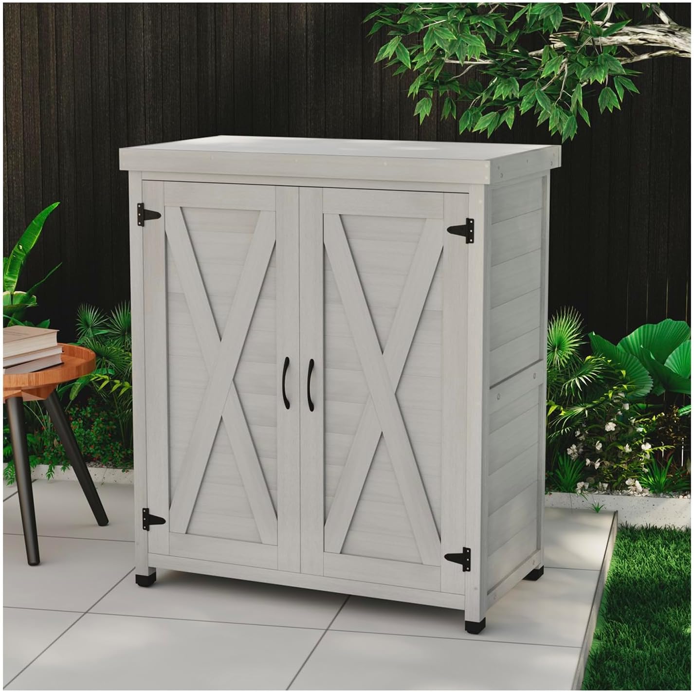 Outdoor Storage Waterproof Wood Garden Shed Patio Deck Box with Storage Cabinet and Metal Table Top Potting Bench for Patio Work Station