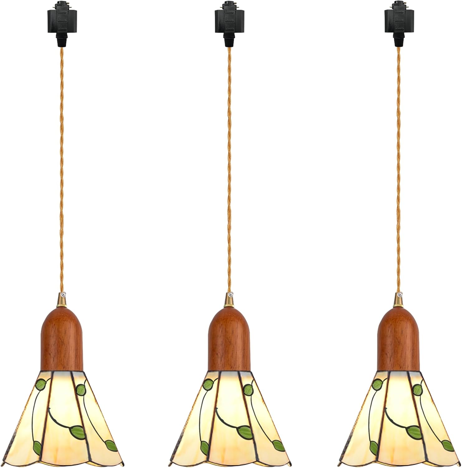 Dimmable H-Type Track Lighting Pendant Restaurant Wood Socket Industrial Shade Green Leaves Freehand Glass Cone Shape, Halo Track Mounted for Kitchen Island, 3 Lights,(Walnut Wood)
