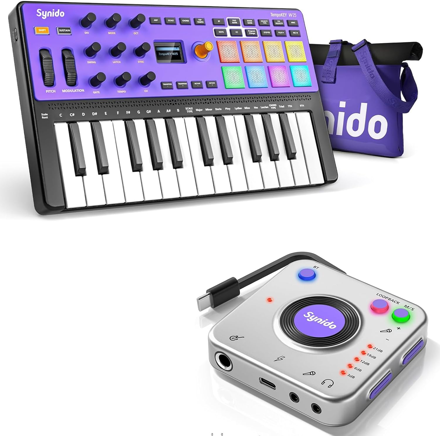 Synido USB C MIDI Controller Keyboard 25 Keys Wireless MIDI Rechargeable with 8 Velocity RGB Pads and Portable Guitar Audio Interface