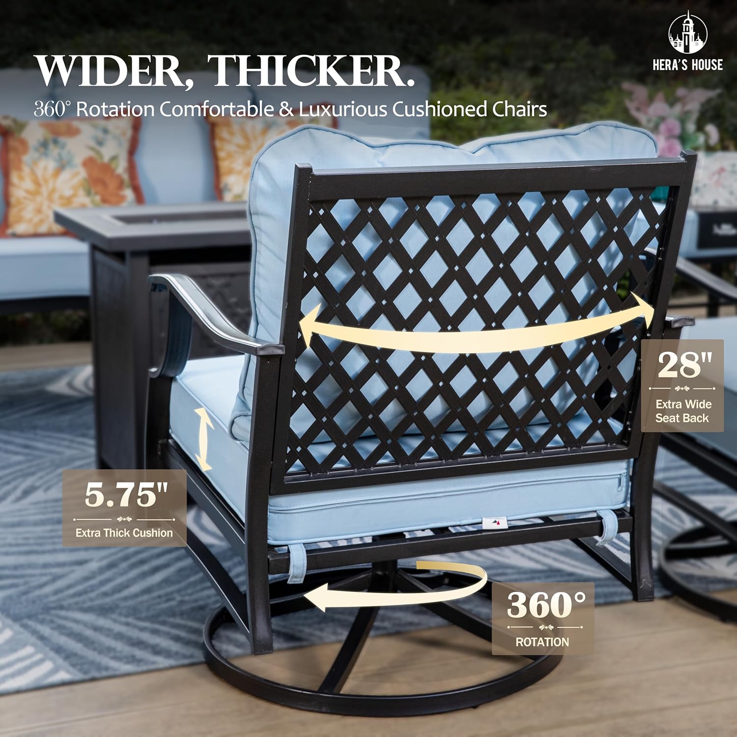 HERA'S HOUSE 5 Pieces Fire Pit Patio Furniture Set, 4 x Thick Cushioned Swivel Chairs with 28