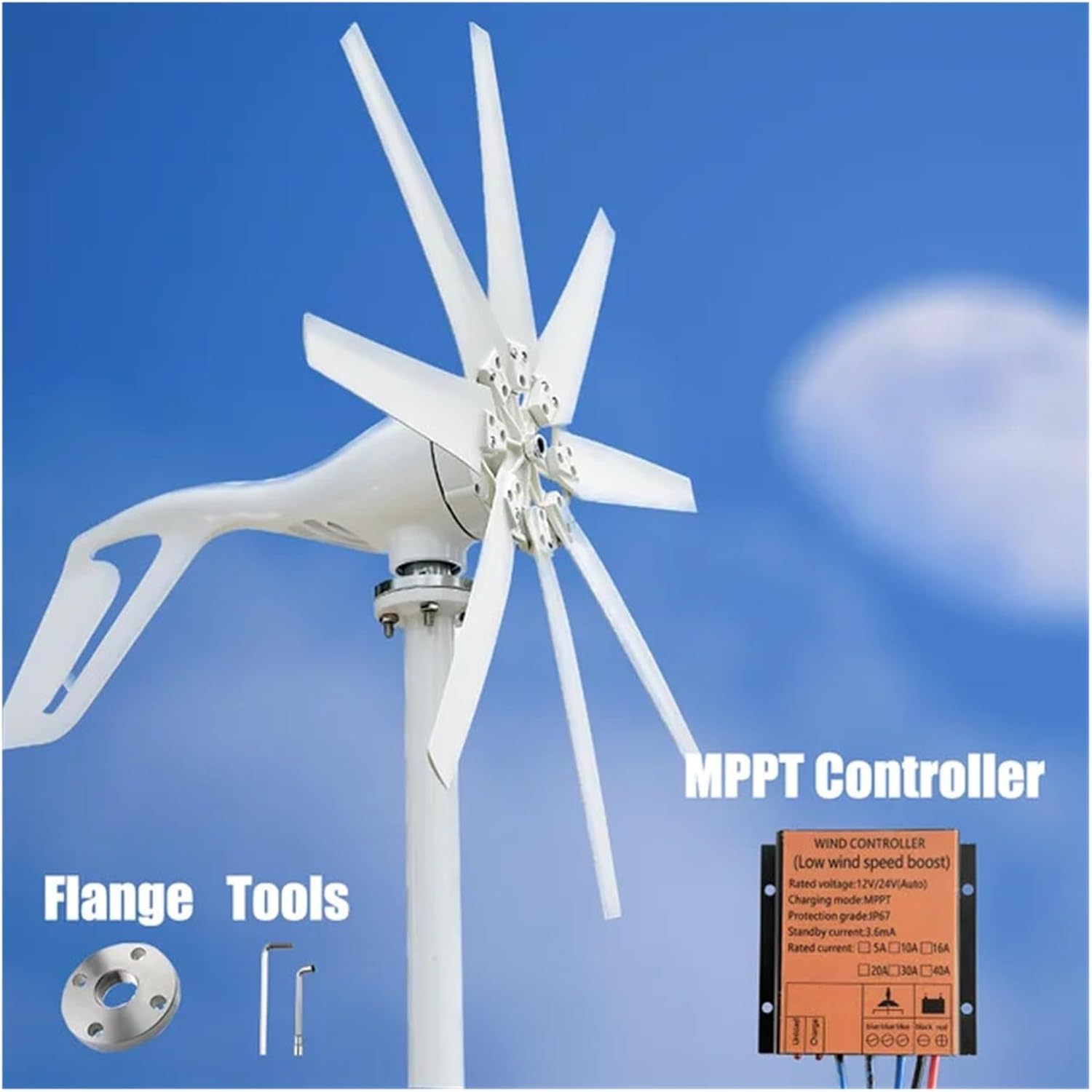 High Efficiency 2000W Horizontal Axis Wind Turbine Windmill 12V 24V 48V Free Energy Permanent Magnet Generator Home Appliance for Home, Farm, RVs, Boats(with MPPT Charger,12V)