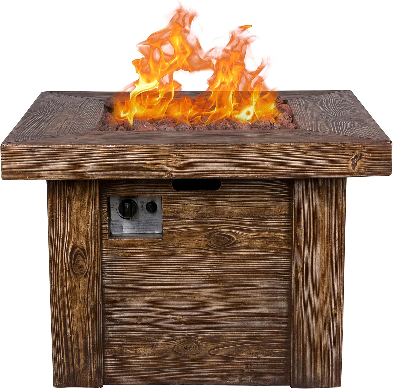 Shine Company Merida 34.5 in Square 50,000 BTU Outdoor Glass Reinforced Concrete Propane Gas Fire Pit Table w/GFRC Tabletop, Stainless Steel Burner, Lava Rocks, Natural Wood Look -Brown