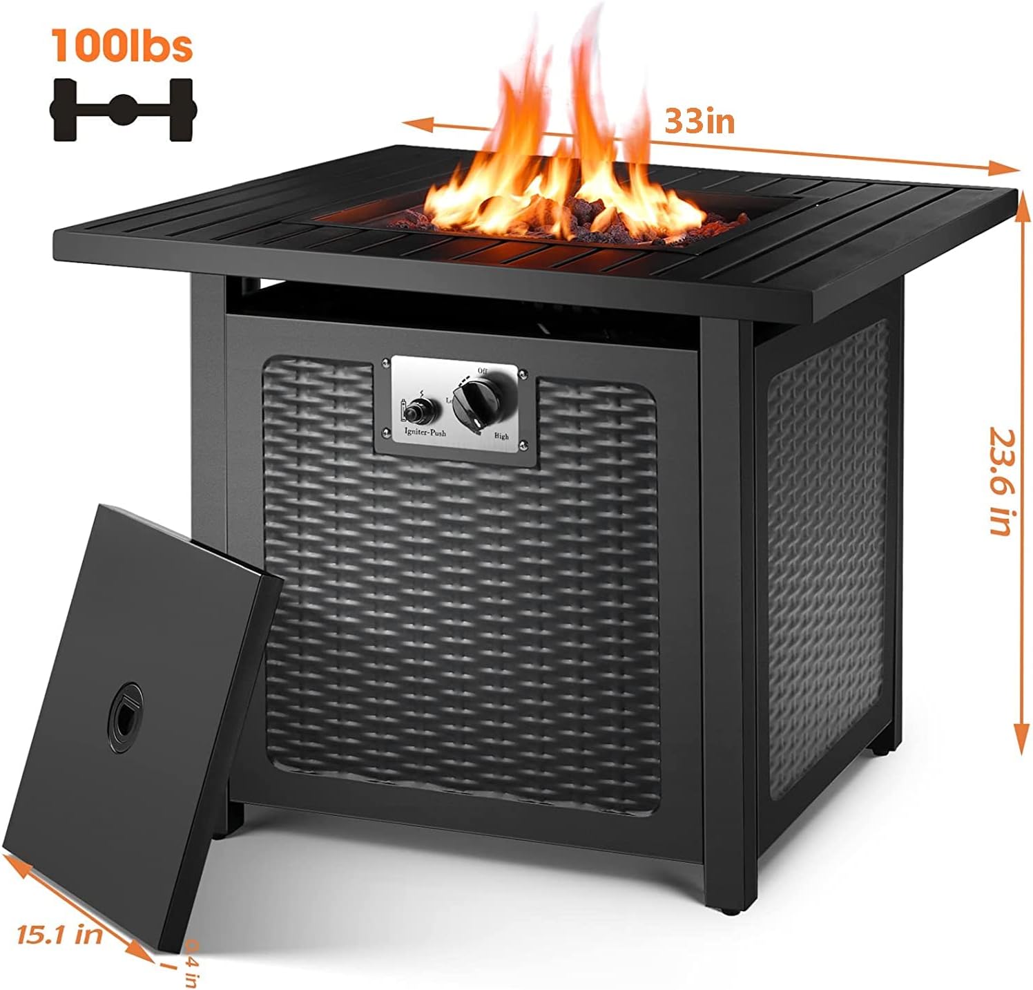 Gas Square Fire Bowl Propane Fire Pit Table - Outdoor Fireplace with Lid, Auto-Ignition, Waterproof Cover, Lava Rock - Perfect for Party, Garden, Patio, Yard