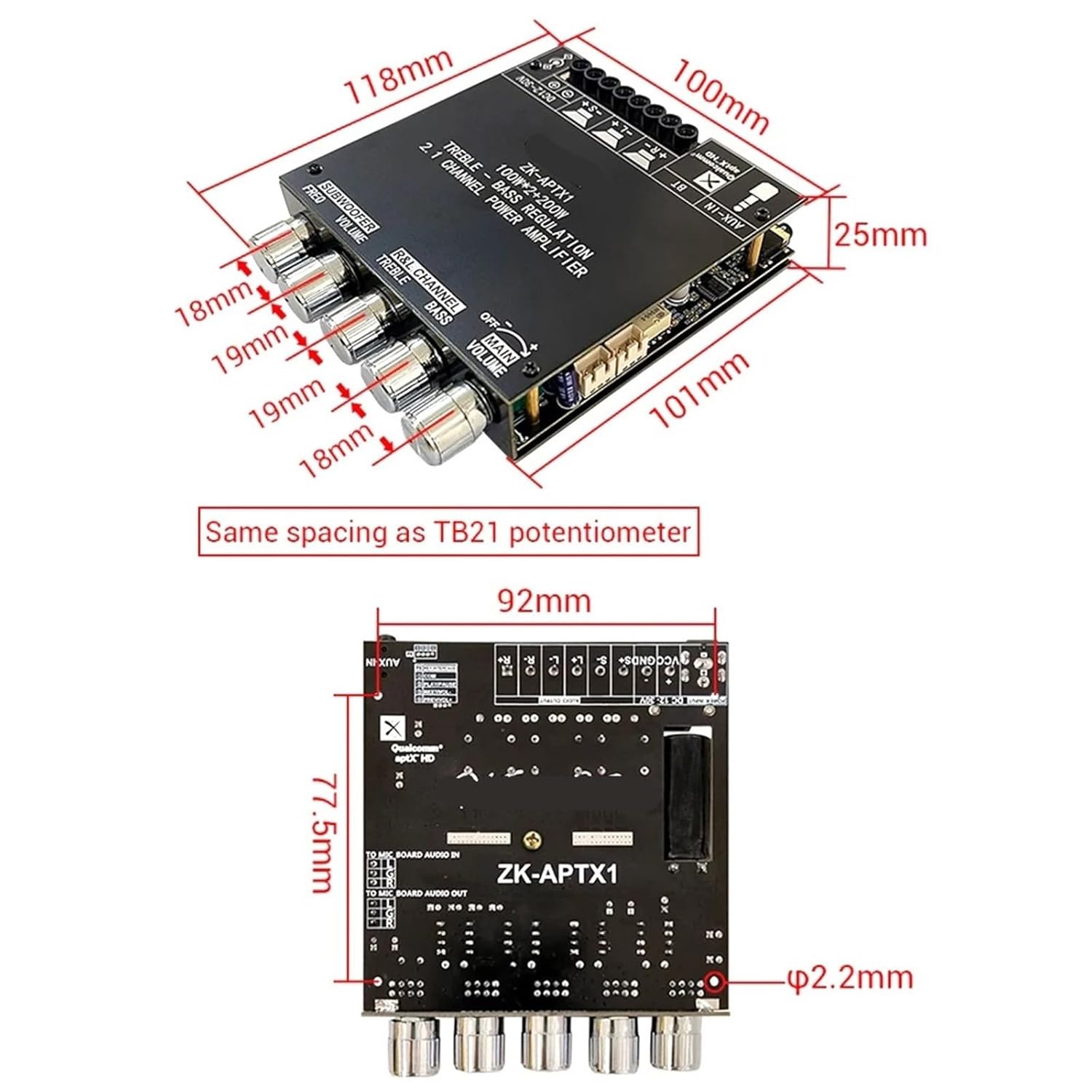 ZK-APTX1 Digital Power Amplifier Board QCC3034 TPA3221 2.1 Channels Subwoofer Sound Amplifier Module Audio AMP(with Wire)