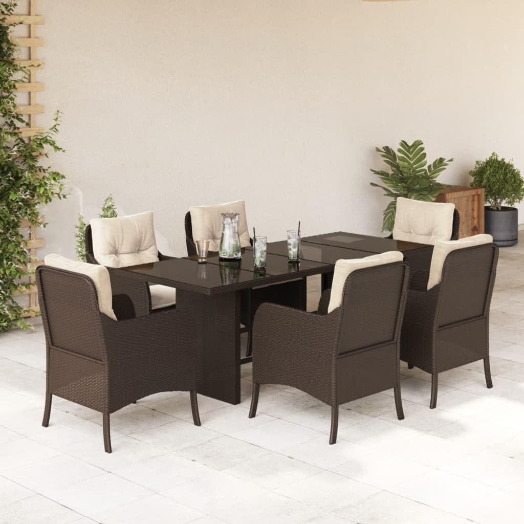 7 Piece Patio Dining Set with Cushions Brown Poly Rattan,Durable Outdoor Garden Dining Set with Comfortable Cushions and Tempered Glass Top for Patio or Backyard Furniture Sets for Patio, Lawn & Garde