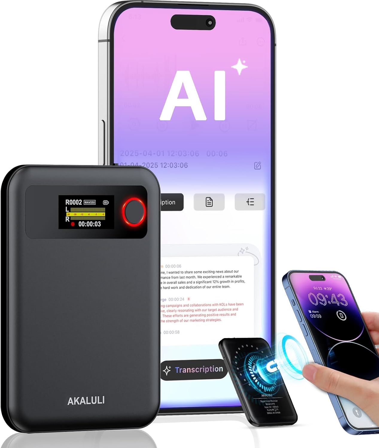 AI Voice Recorder with Transcribe Summarize: Note Voice Recorder with APP Control, 30H Continuous Recording, 64GB Memory Support 100+ Languages, AI Recorder for Calls, Lectures, Meetings