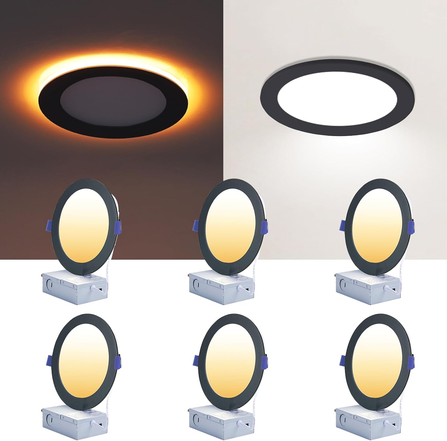 CycevSun 6 Pack Black Recessed Lights 6 Inch with Night Light, Canless Ultra Thin Wafer Downlight Indoor Outdoor Exterior Soffit, Dimmable & 5 Color Selectable, 12W, ETL Listed
