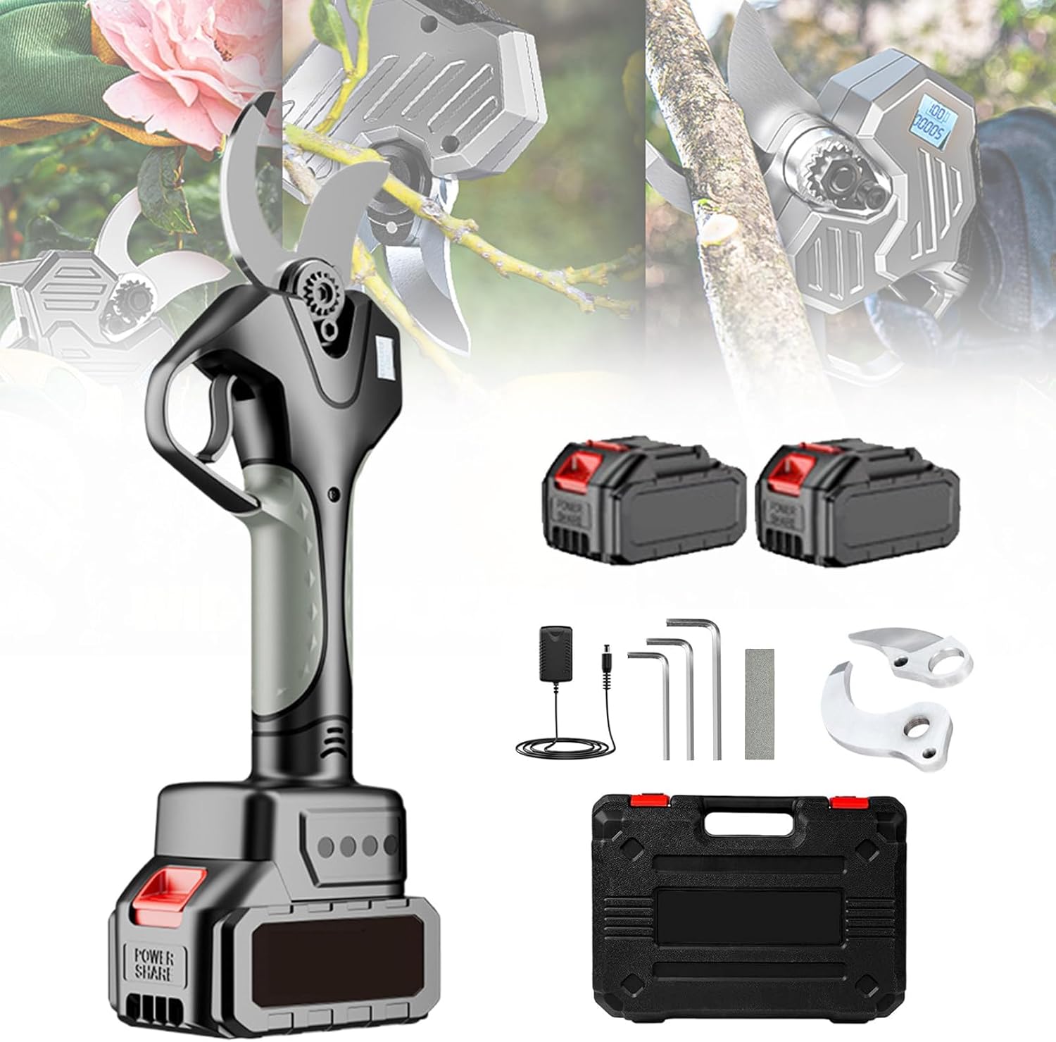 Electric Pruning Shears, Cordless Electric Pruner Battery Operated Tree Branch Cutter with 2pcs Lithium Batteries, LCD Display Screen, Electric Pruners for Gardening