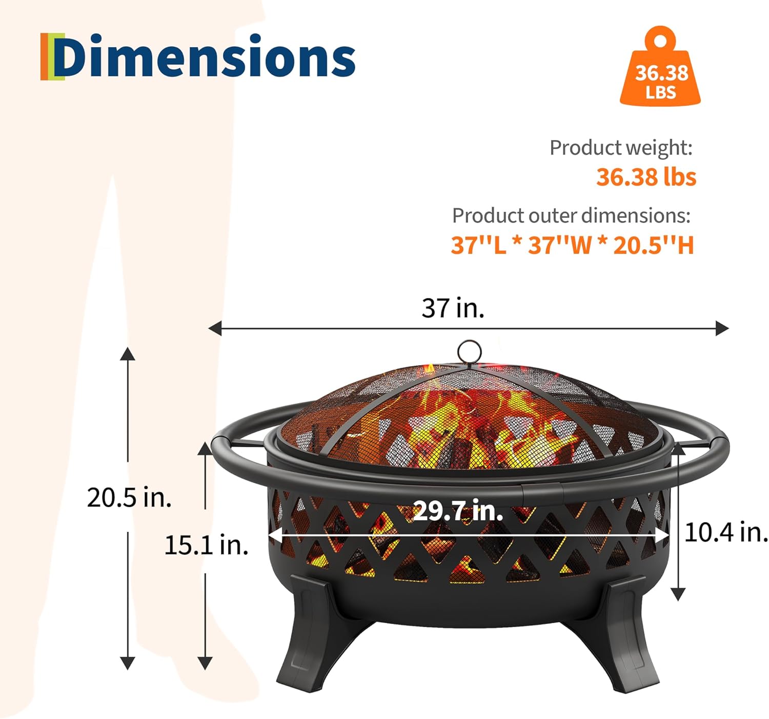 37 Inch Outdoor Fire Pit with Stoker Tool, Firepits for Outside with Spark Screen Cover, Wood Burning Fire Pit for Camping, Patio, Backyard