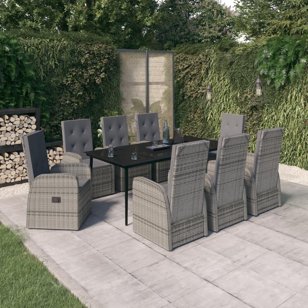 Grey Outdoor Dining Set, 8-Seater Patio Furniture with Poly Rattan, Powder-Coated Steel Frame, Rectangular Table, Cushions Included for Garden, Terrace