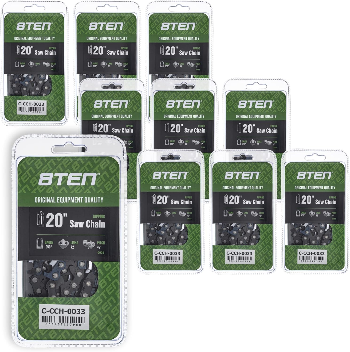 8TEN Ripping Chainsaw Chain 20 Inch .050 3/8 72DL for Husqvarna 455 Rancher Stihl MS 270 Poulan PP5020AV (10 Pack)