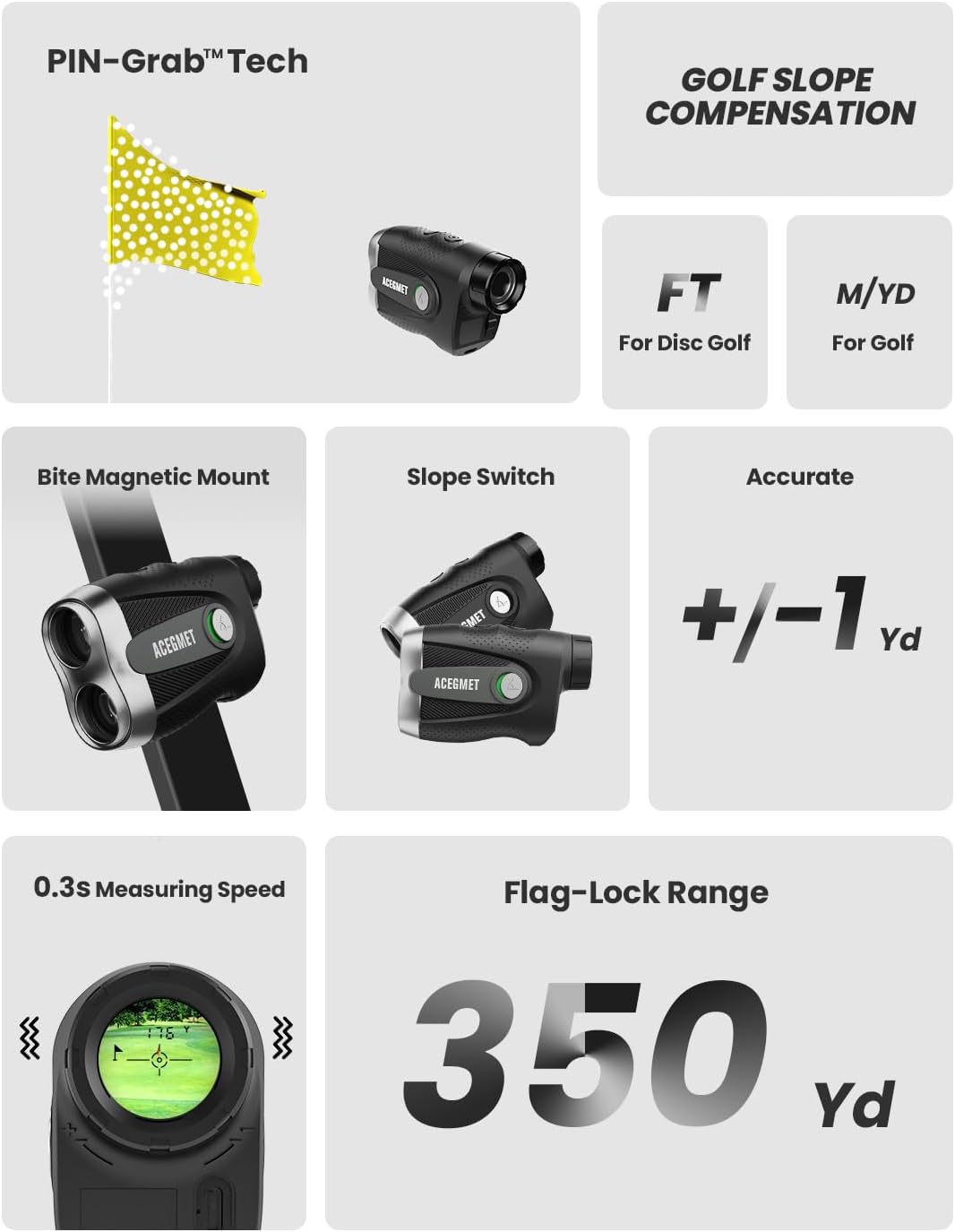 ACEGMET PF2C Golf Rangefinder with Slope, 0.3s Flag Pole Locking Vibration, ±1yd Accuracy,Rechargeable Laser Range Finder Golf with Magnetic, Golf Accessories for Men