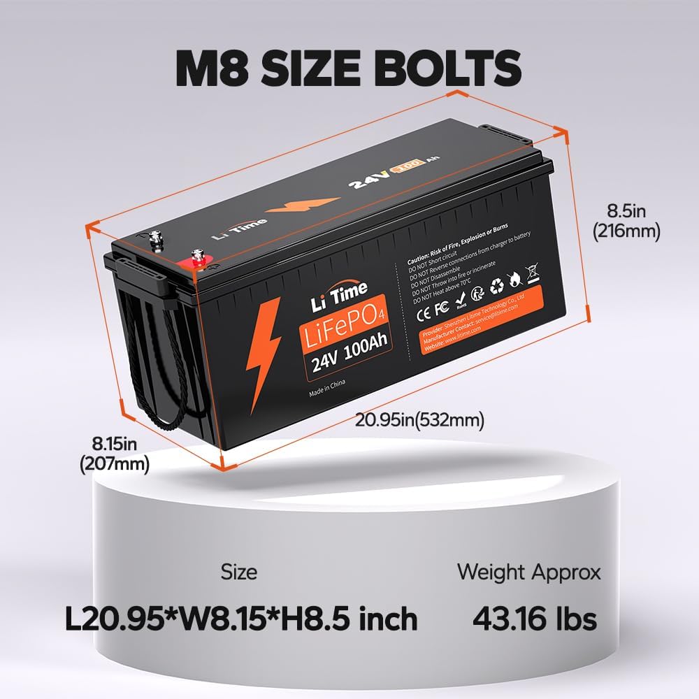 LiTime 24V 100Ah LiFePO4 Lithium Battery with 29.2V 40A LiFePO4 Battery Charger, Built-in 100A BMS, Up to 15000 Cycles, Max. 2560W Load Power for RV/Camper, Solar, Trolling Motor, Marine, Off-Grid