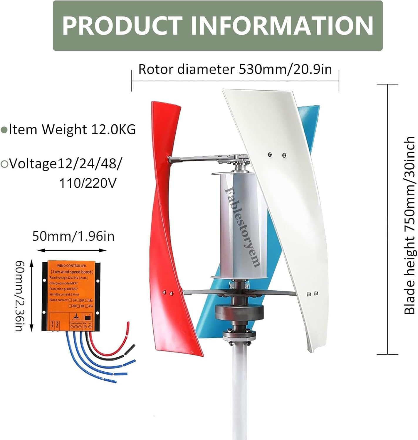 14000W Wind Turbine Generator Kit, 12V/24V/48V/110V/220V Helix Wind Power Turbine Generator Kit, 3 Blade Wind Generator Kit with Charge Controller for Marine RV Home Industrial,Color-12V