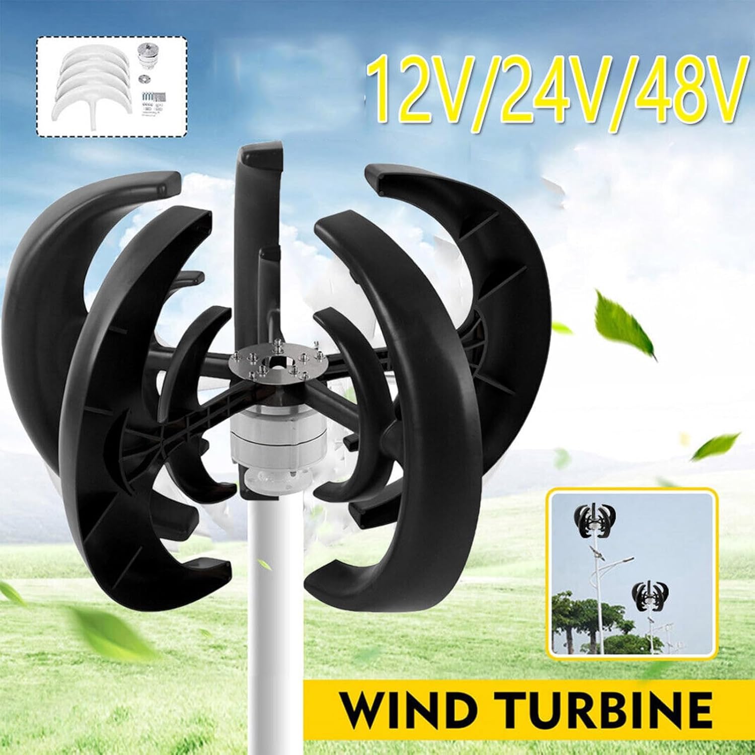 3000W Wind Turbine Kit 12v 24v 48v Vertical Axis Wind Turbine with Controller and 100W*2 Solar Panels Home Wind and Solar Hybrid System (Color : Black, Size : 24V)