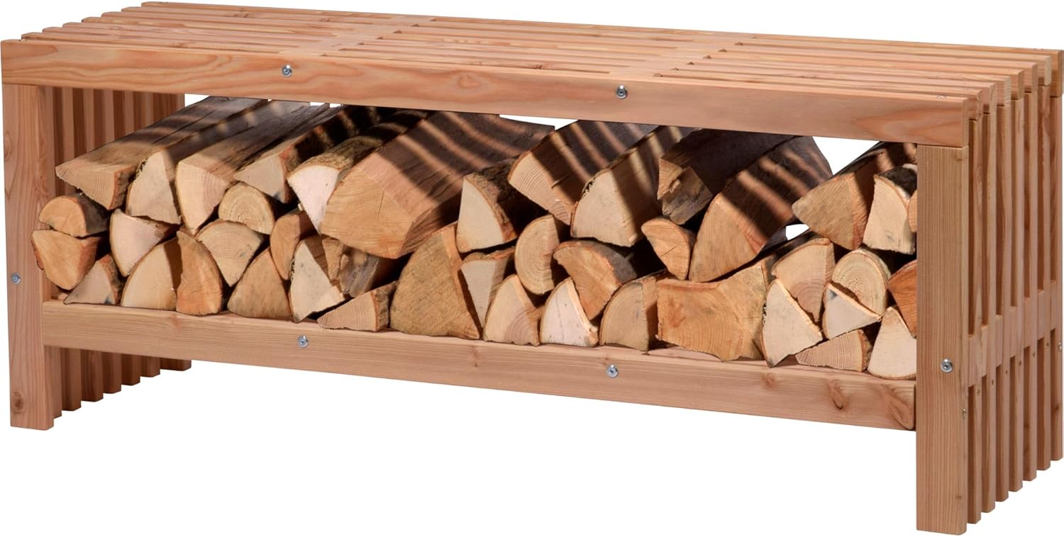 dobar® Green Label Freja 29109FSCe Garden Bench with Firewood Compartment Modern Bench with Storage Space Robust Douglas Fir Wood with Protective Glaze Solid Wooden Bench 115 x 30 x 45 cm Natural