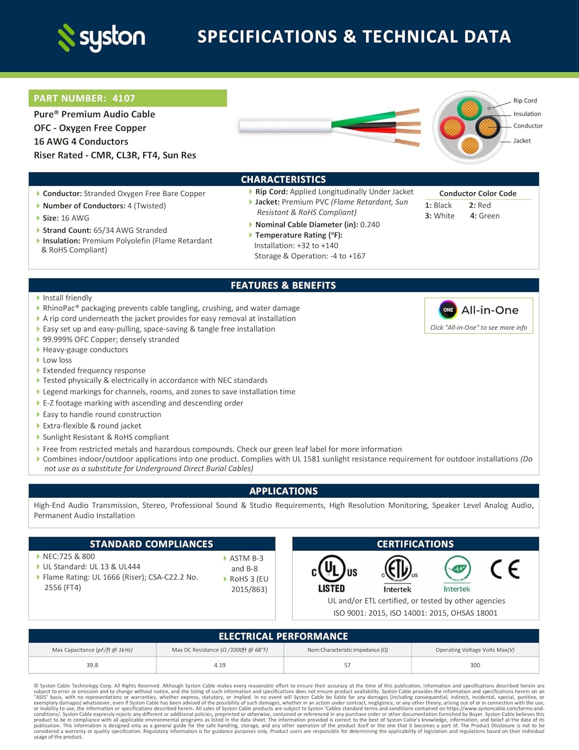 SYSTON 16/4 Speaker Audio Cable Wire Bulk, 16AWG 4C Strand OFC - Oxygen Free Copper Conductors, CMR Riser-Rated Indoor/Outdoor UV Resistant RoHS Compliant for Home Theater Car Speakers, White 100 FT