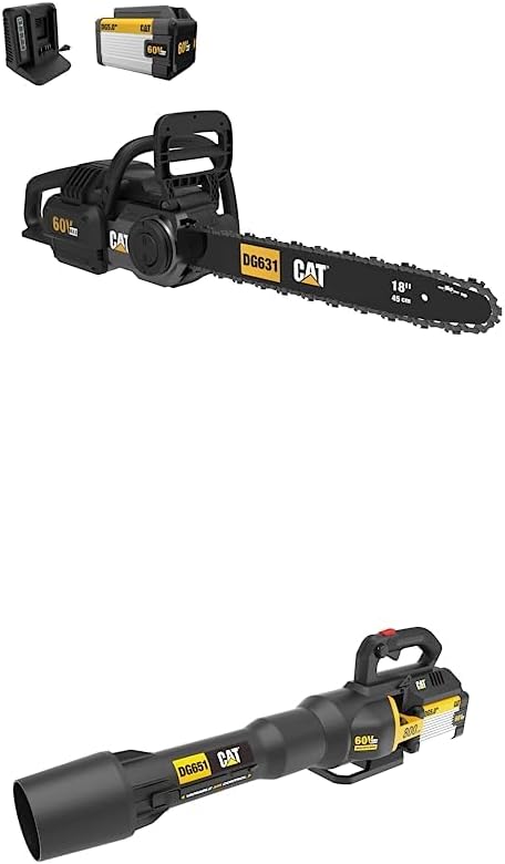 Cat 60V Brushless 16” Chainsaw Tool-Free Chain Tensioning + Brushless Leaf Blower 800 CFM 170 MPH High-Powered for Lawn Care, Variable Air Control DG631 DG651.9– Battery & Charger Included