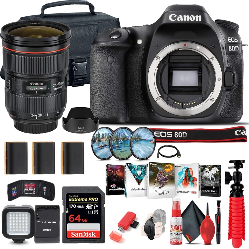Canon EOS 80D DSLR Camera (Body Only) (1263C004) + Canon EF 24-70mm Lens + 64GB Memory Card + Case + Filter Kit + Corel Photo Software + 2 x LPE6 Battery + Card Reader + More (Renewed)