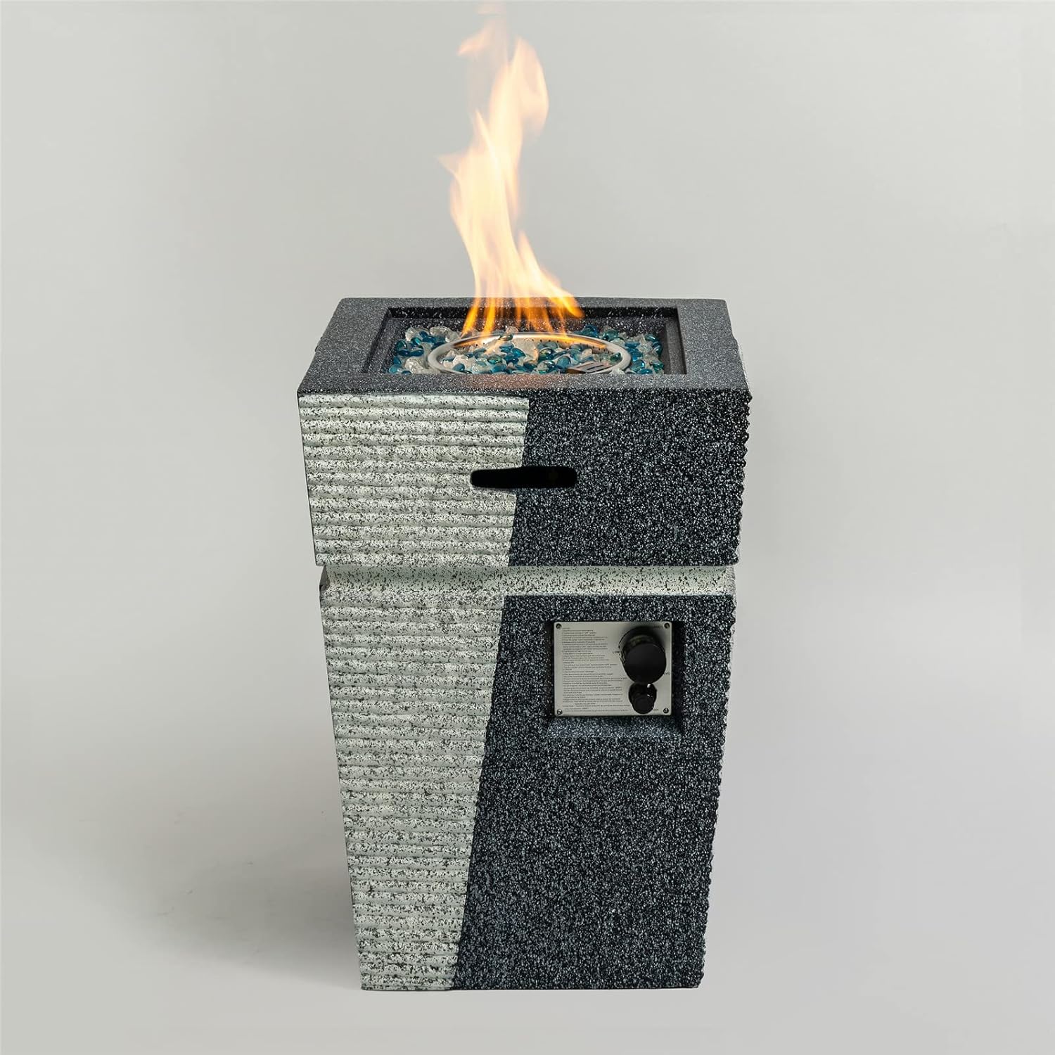Outdoor Concrete Fire Pit Column, Propane Fire Column 50,000BTU Gas Fire Pit Table Light Grey-Blue Splice Side Table Outdoor Concrete Corner Table Patio Furniture
