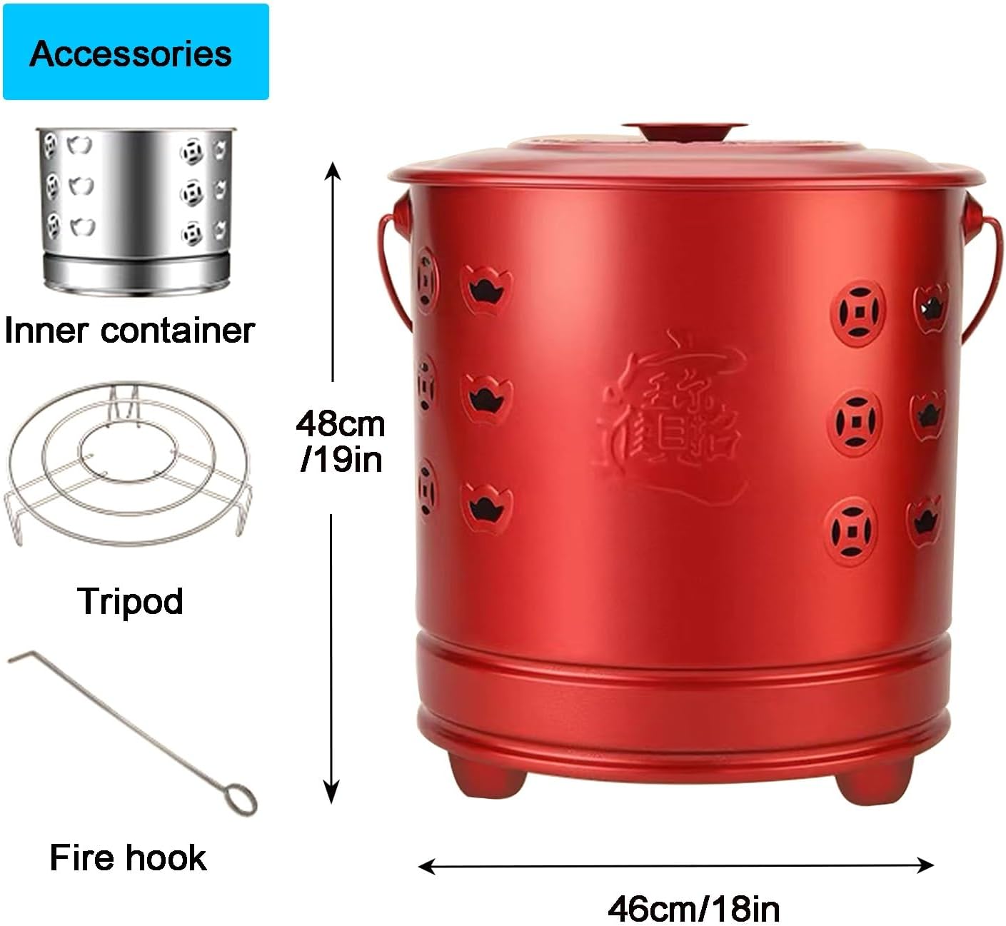 Burn Barrel for Outside, Metal Garden Incinerator, Portable Fire Pit, for Outside Burning Trash, Balcony, Wood, Bonfire Camping, Deck(Red,48cm/19in)
