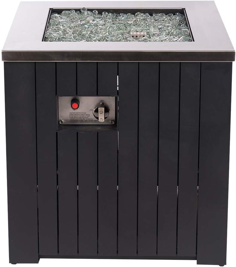 MASE 24-Inch Square Small Outdoor Patio Propane Gas Fire Pit Table.304 Stainless Steel Tabletop w/Arctic Ice Glass Rocks and Black Powder Coating Aluminum Body. No Assembly Required